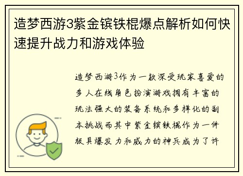 造梦西游3紫金镔铁棍爆点解析如何快速提升战力和游戏体验